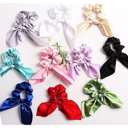 Satin Candy Color Rabbit Ears Hair Bows Scrunchie Ponytail Holder Scrunchy Hairband Bow Knot Girls Hair Ties Hair Accessories