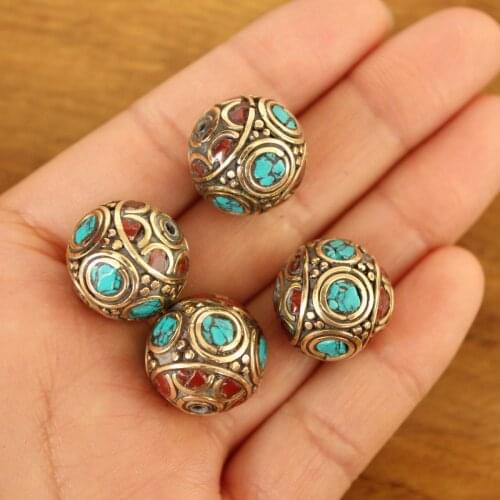 BD232 Handmade Tibetan Brass Colorful Stone 17mm Round Beads Jewelry Accessories Beads for Making Necklace Bracelet 4 Beads Lot