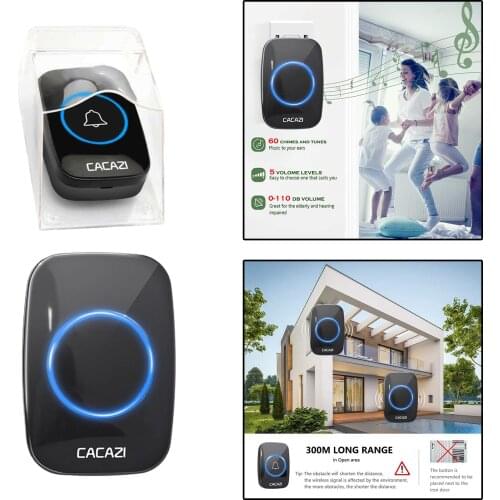 Wireless Doorbell Door Bell with 1Transmitter+1Plug in Receiver 5 Volume Levels 60 Chimes for Home Office