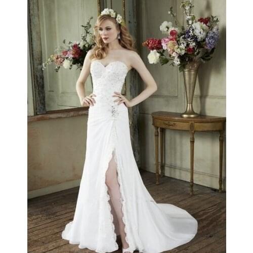 Blondas Rich venise lace applique chiffon trumpet Scalloped romantic ethereal open leg sexy bridal gown Bespoke Wedding Dresses