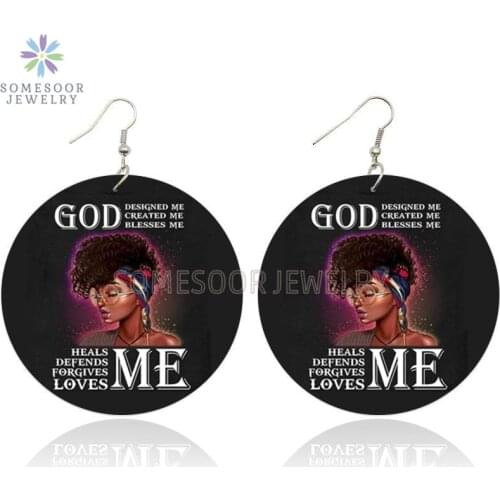 SOMESOOR God Created Blessed Me Afro Arts Wooden Drop Earring Black Curls Natural Hair Designs Painted Dangle For Women Gifts