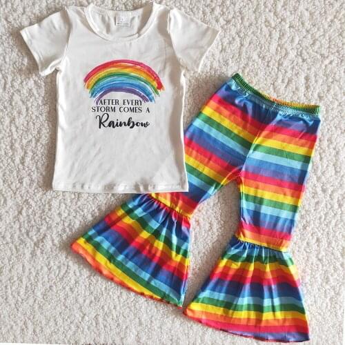 Kids Toddler Summer Clothes Suits Rainbow White Short-Sleeved Top Colorful Striped Bell Pants Girls Boutique Outfits Childs Set