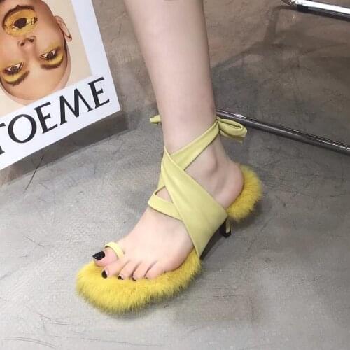 Elegant Women Fur Design Thin High Heels Sandal for Women Clip Toe Black/Green/Pink/Yellow Fashion Summer Shoes Woman Size 35-39