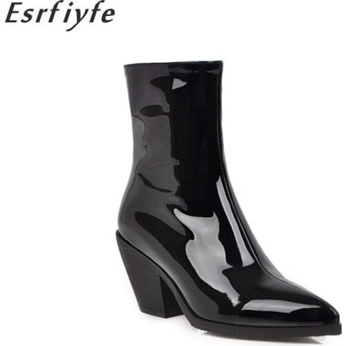 ESRFIYFE 2020 New Western Cowboy Boots Patent Leather Womens Ankle Boots Thick High Heels Boots Winter Pointed Toe Botas Mujer