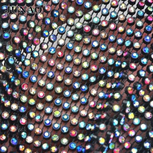 JUNAO 23cm x 1Meter Shiny Black AB Glass Rhinestone Mesh Fabric Sewing Crystal Trimming Ribbon Strass Applique for Decoration