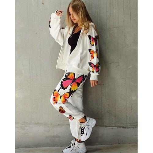 2 Pieces Set Women Autumn Tracksuit Butterfly Printed Sports Suit Long Sleeve Zip Hooded Jackets Top + Pants Set White Black