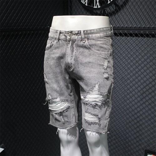 Summer Gray Distressed Knee Length Trousers Mens Hole Ripped Jeans Fashion Street Casual Loose Fit Straight Denim Shorts Male