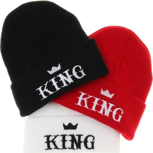 Hot New Fashion Men Hat Caps Embroider KING Beanies Hats Adult Winter Warm Black White Red Gorro Acrylic Knitted Hats For Boys