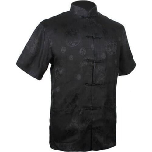 New Black Mens Rayon Satin Shirt Top Chinese Classic Kung Fu Clothing Short-Sleeve Vintage Fashion Tang Suit S M L XL XXL XXXL