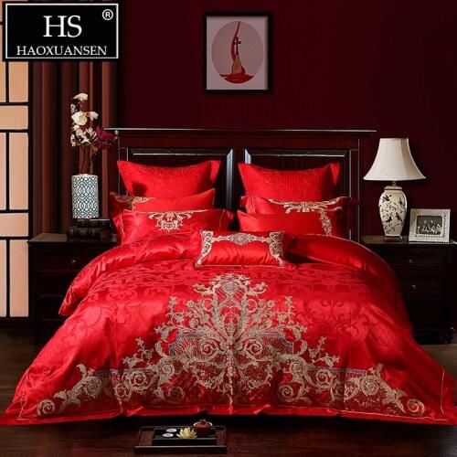 Luxury Euro Embroidery 46/9Pcs Bed Linens Red Wedding Cotton Adult Bedding Set Queen King Size 650 Thread Count Home Textiles