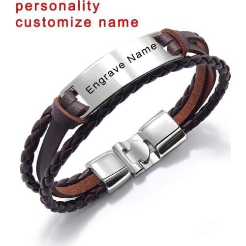 Luxury Brand Custom Logo Name Engrave Leather Bangle & Bracelet Women Handmade life-saving Men Rope Id Bracelets