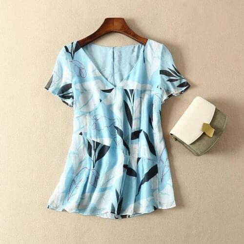 Silk V Neck Print Patchwork Short Sleeve Blouse Top With Lining