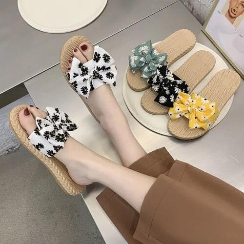 2021 Spring Summer Floral-print Bowknot Slippers For Women Retro Outdoor Beach Woven Slides Fashion Non-slip Flat Home Slippers