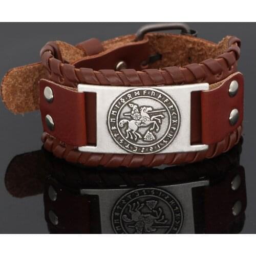 Nordic viking Odin riding Sleipni rune leather amulet bracelet -adjustable size 19-31 cm