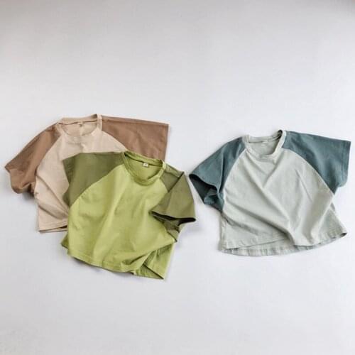 Japan Korean Style Kids Pullover Coat Tops Children Clothing Baby Girls Boys Color Matching Cotton Short Sleeve T-shirt