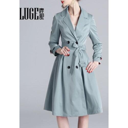 2021 autumn new womens wear green large lapel womens jacket long sleeve waist closing thin ol windbreaker women