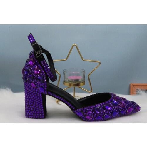 Purple Crystal Summer Sandals ankle strap Fashion wedding shoes woman Pointed toe High Thick Heel Buckle Shoes 2020 New