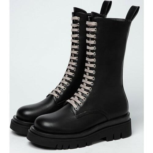 Fashion Black Boots Faux Leather Women Boots Comforty Flat Heel Mid Calf Boots Zipper Autumn Winter Woman Bootie