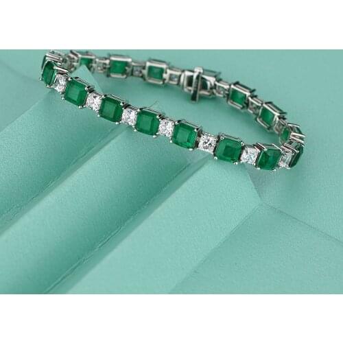 Trendy 15-18cm 925 Sterling Silver Full Synthesis Colombian Emerald Diamond Bracelets for Women S925 Silver Chain Bracelet Party