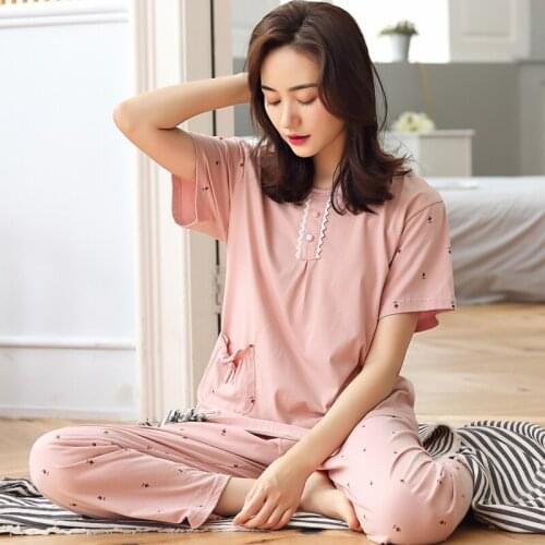 Womens pajama set Summer O-Neck printed full pure cotton sweet pajamas for ladies plus size 3XL casual tracksuit