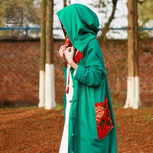 LZJN Spring Autumn Coats Chinese Style Women Trench Coat Hood Cotton Linen Robe Big Pockets Overcoat Ethnic Casaco Manteau Femme