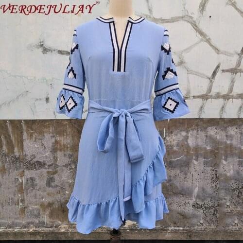 Wholesale High Street Irregular Dresses Women V-neck Luxury Geometric Embroidery Elegant Ruffled Hem Asymmetric Mini Dress