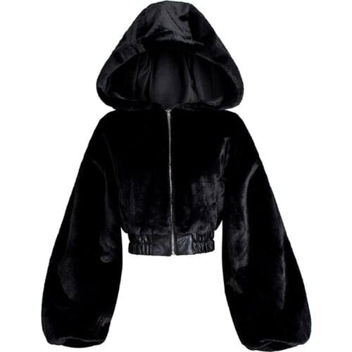 Winter Faux Fur Jacket Women Short Coat 2020 Warmness Fashion Gothic Casual Black Jackets Hooded Outwear Oversize Coats