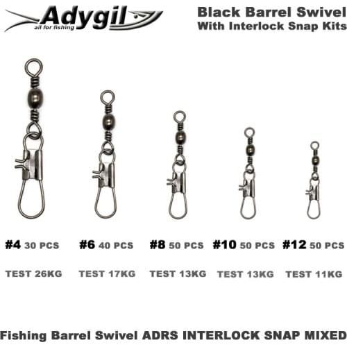 Adygil Black Fishing Barrel Swivel With Interlock Snap Kits ADBS INTERLOCK SNAP MIXED #4 #6 #8 #10 #12 220pcs/lot