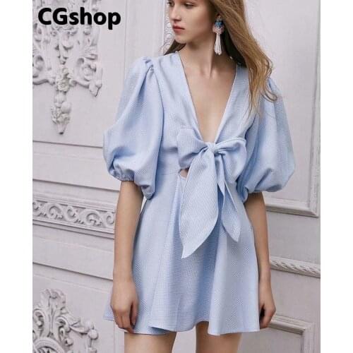 CGshop Puff Short Sleeve Mini Summer Dress Women Bow Tie Blue Plaid Party Dress Elegant Streetwear Sexy Sundress