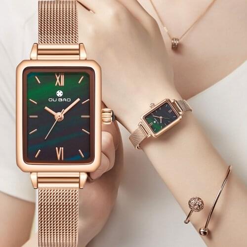 Relogio Rosegold Feminino Fashion Malachite Green Rectangle Quartz Wrist Watch for Women Waterproof Mesh Steel Bracelet Clock