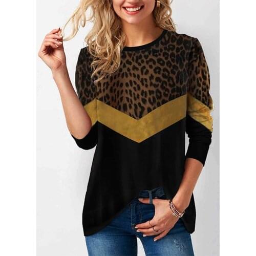 European Style Summer Women Fashion Casual Loose Leopard Print Patchwork Pullover Vintage O-neck Long Sleeve Tops