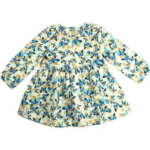 JALAIRO New Spring Autumn Summer Kids Lovely Long-sleeve Butterfly Printed Woven Cotton Girls Casual Dresses