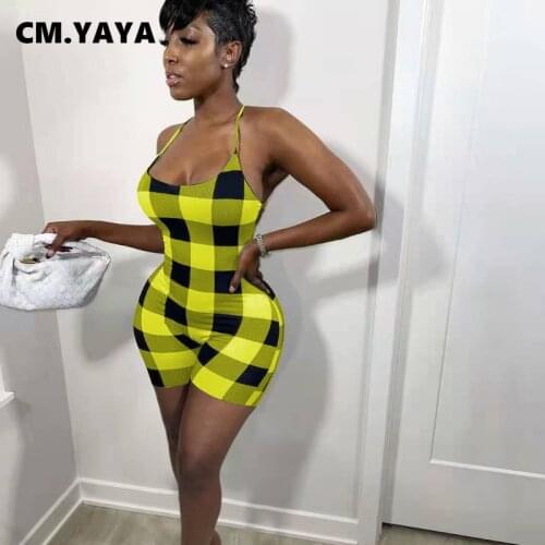 CM.YAYA Women Playsuit Plaid Spaghetti Strap Bandage Sheath Elastic Rompers High Street Fashion Sexy Club One Piece Overalls