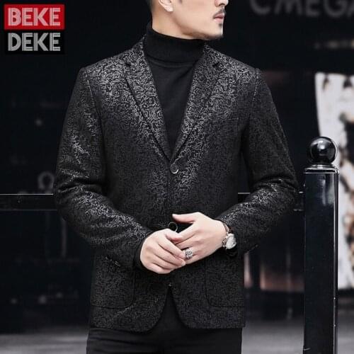 Fashion Business Men Slim Fit Sheepskin Leather Blazer Jacket Banquet Party New Striped Printed Genuine Leather Jacket Suit Coat