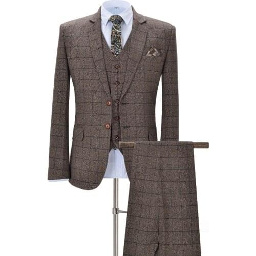 Men Suits 3 Pieces Slim Fit Business Suits Groom Brown Noble Plaid Wool Tuxedos for Formal Wedding Evening(Blazer+Pants+Vest)