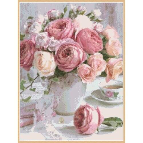 Pink Rose Vase Cross Stitch Kits Embroidery Needlework Sets Flower Printed 11CT 14CT Canvas DIY Crafts Home Decoration Paintings