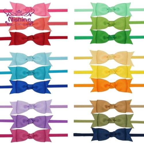 Nishine 10pcs/lot Double Layer Grosgrain Ribbon Bowknot Baby Hairband Solid Color Bows Elastic Nylon Headband Children Headwear