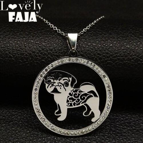 French Bulldog Stainless Steel Statement Necklace for Women Silver Color Crystal Chain Necklaces Jewelery collier N186721