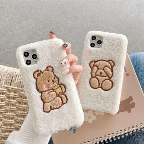 Plush Warm Phone Case for iphone 7 8 plus Furry Fluffy Fur cute Bear Back cover for iphone 11 pro X XS MAX XR coque funda capa