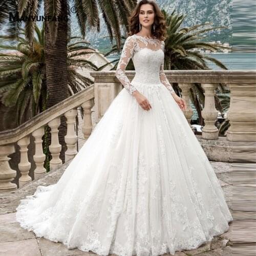 2021 New Arrival Chapel Train Embroidery Appliques Tulle Bridal Ball Gown High-End Full Sleeve O-Neck Lace Up Back Wedding Dress