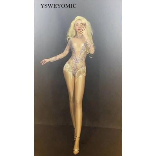 Dance Bodysuit Costume Silver Rhinestone Fringes Backless Transparent Net Bodysuit Women Dancer Wear Birthday Celebrate Outfit