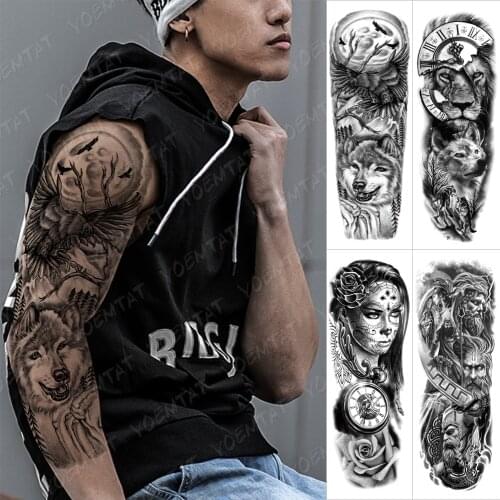 Large Arm Sleeve Tattoo Bird Crow Forest Moon Waterproof Temporary Tatto Sticker Lion Wolf Clock Body Art Full Fake Tatoo Men