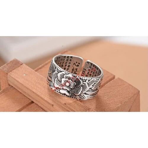 Thai silver, Plum Blossom, Heart Sutra, Retro Wide Face start to talk Ring, Collection of Fine Arts and Crafts