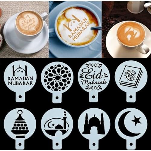 8pcs/set Happy Eid Coffee Stencils Fancy Coffee Drawing Mold Foam Spray Moulds Home Kitchen Cake Decorating Tools PET Coffeeware