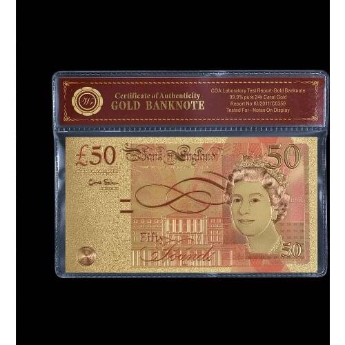 WR Fake Money Bills Colored UK 50 Pound Gold Plated Banknote Prop Money British Banknotes with PVC Frame Men Gift