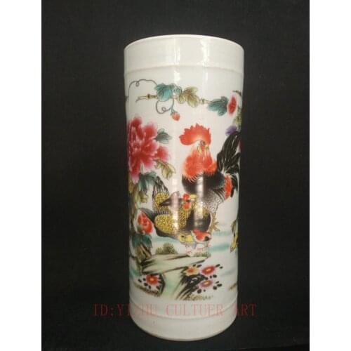 YIZHU CULTUER ART Collected Ancient China Porcelain Painting Chicken Flowers Brush Pot Decoration