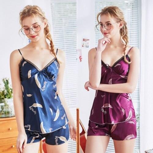 YT- 082 Summer Sexy Spaghetti Strap Lace Satin Tops Shorts Sleeveless Female Pajamas Set