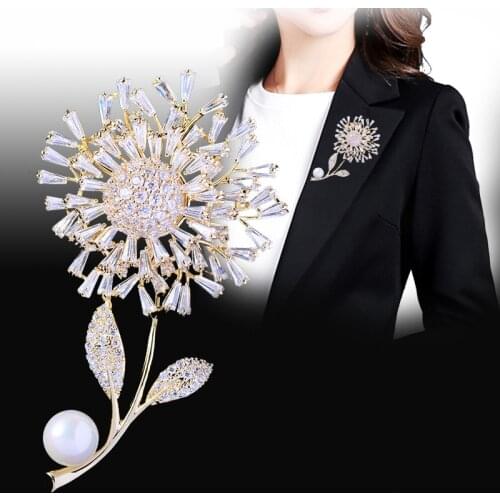 Luxury Rhinestone Dandelion Pearl Brooch Pin Badge Beautiful Flower Brooches for Women Accessoires Jewelry Broche Christmas Gift