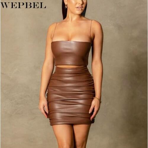 WEPBEL Sexy Faux PU Leather Two Piece Set Women 2021 Streetwear Strap Crop Top + High Waist Mini Skirts Party Clubwear Outfits