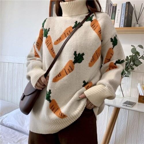 Carrot Pattern Knitted Sweater Women Autumn Winter Fad Long Sleeve Pullover Loose High-Necked Female Sweet Knitwear Sweaters